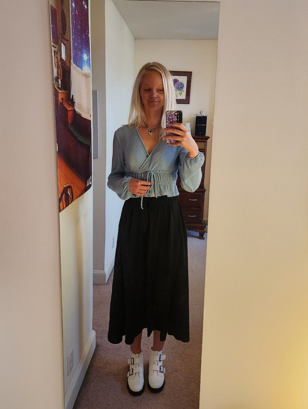 Light Blue Crop Top with Drawstring Ruffle Hem - Picture 2 of 2